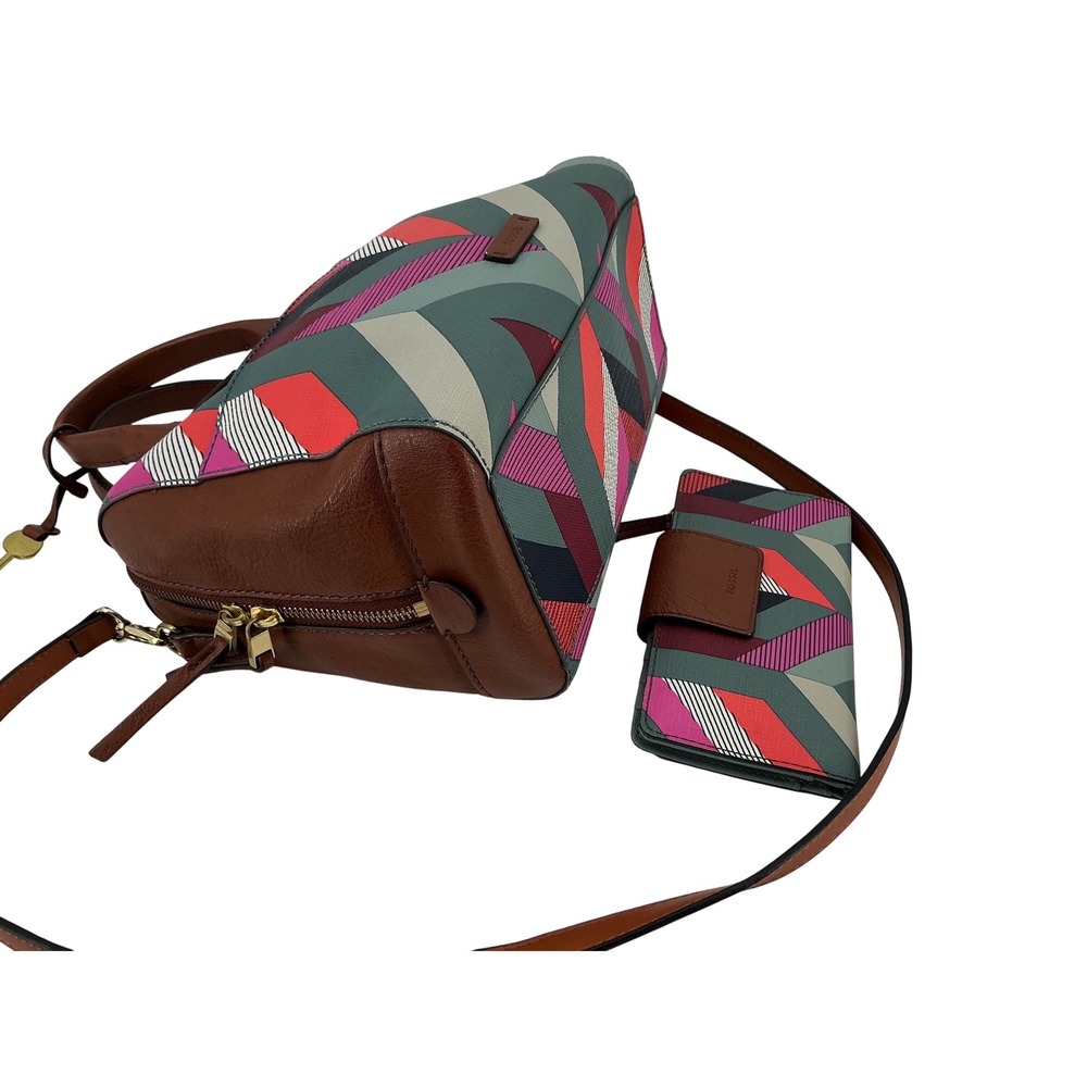 Fossil Geometric Print Satchel Crossbody Bag‎ and Wallet Set Brown Leather Trim - Picture 9 of 14
